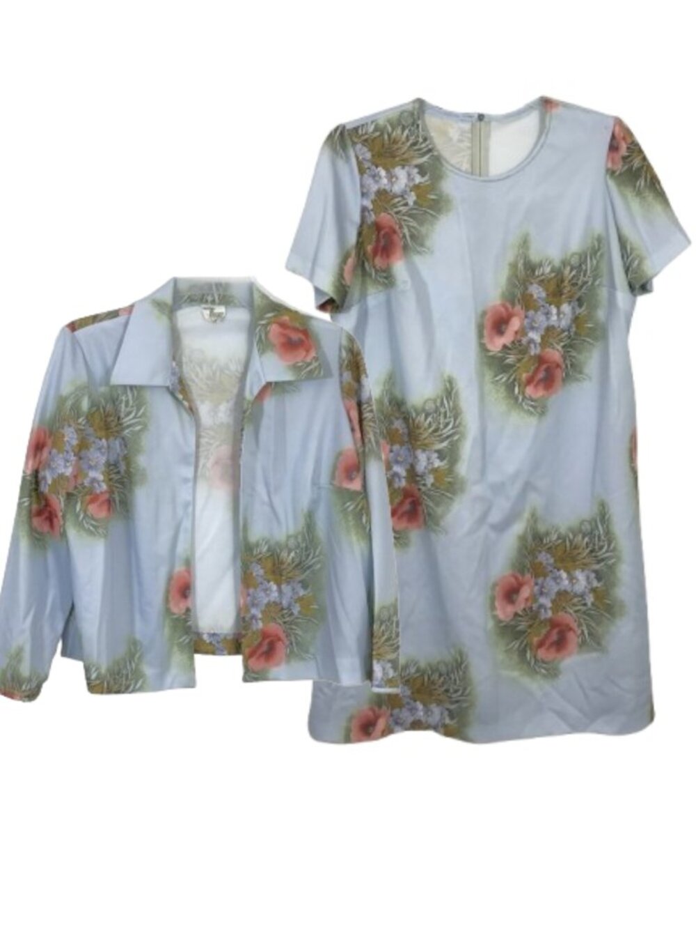 Vintage 70s Floral Dress Set Casual Midi Dress Matching Jacket Light Blue Sz 14